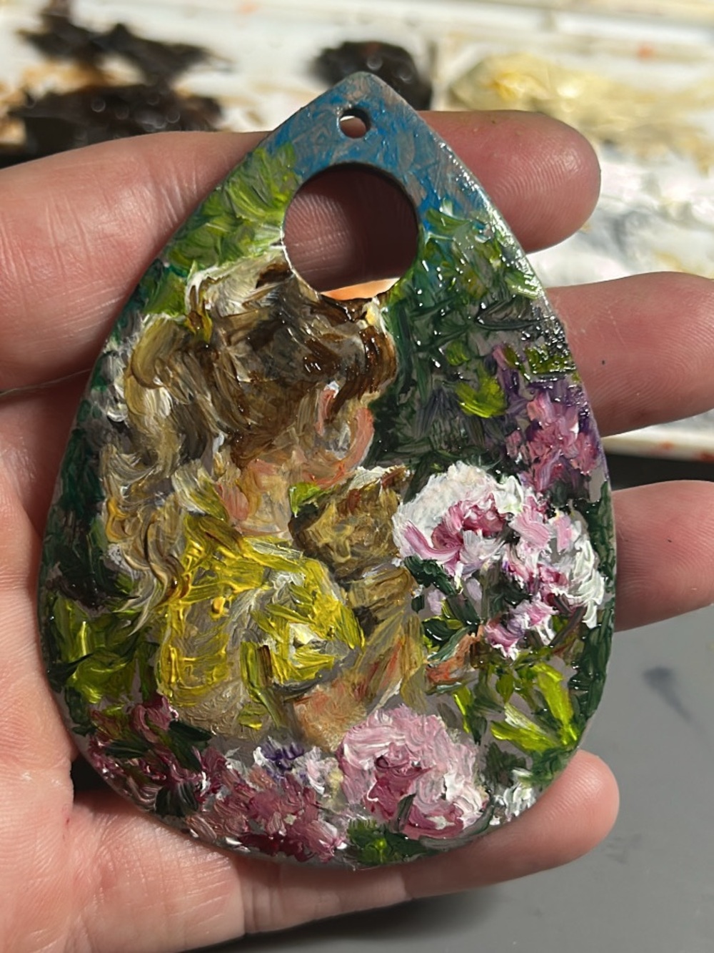 Artisan OAK Hand-Painted Pendant with child in meadow picking flowers.